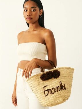 Woven Straw Tote Bag with Brown Pom Detail - Cream/Brown